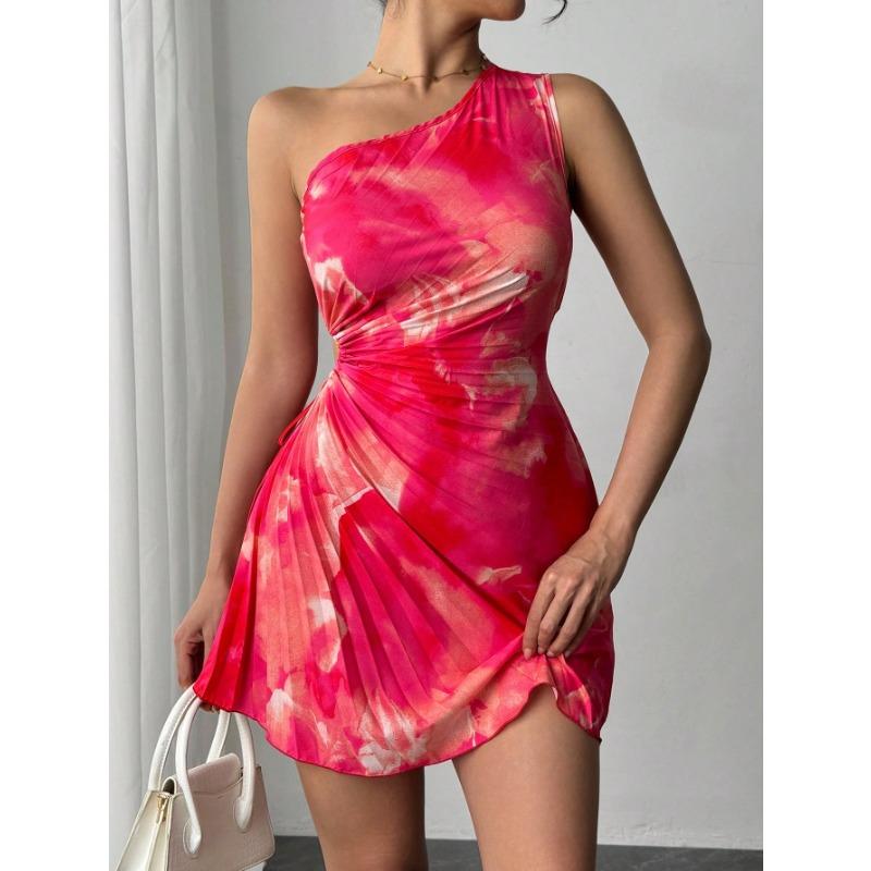Women's Fashion Summer Spring Colour Block Print Sleeveless Oblique Collar High Waist Casual Dresses