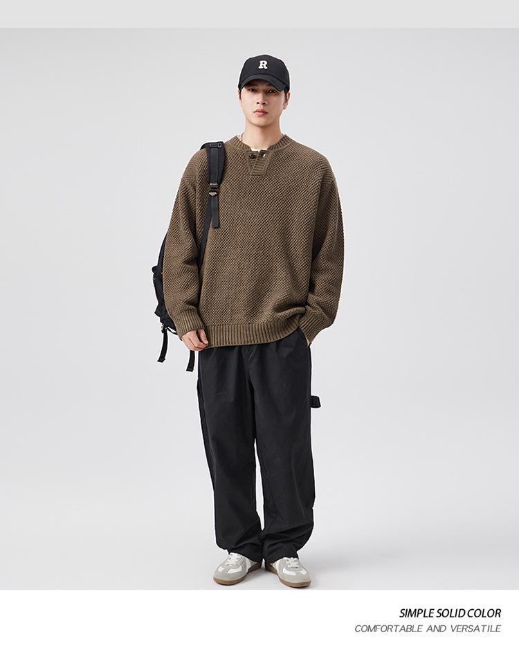 Plus Size Retro Henley Sweater: Men's Autumn/Winter Warm Loose Knitwear