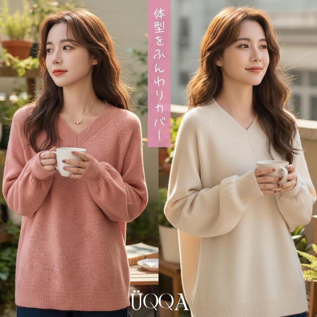 UQQA Long Sleeve Pullover Knit Sweater for Loose Soft Size L Women's V-Neck Fall/Winter, Fit, Fabric, Black,