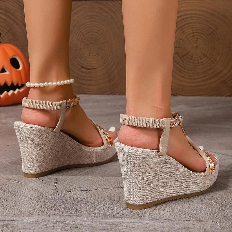 Fashion Bohemia Woven Band Wedge Sandals Women Summer Non Slip Thick Bottom Gladiator Sandalias Mujer Slip On High Heel Sandles Woman