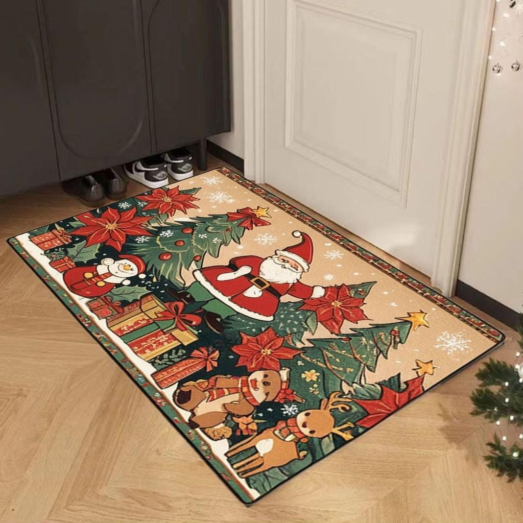 Christmas Winter Crystal Velvet Living Room and Bedroom Slippery Floor Rug, Bathroom Entrance Floor Mat, Home Decoration