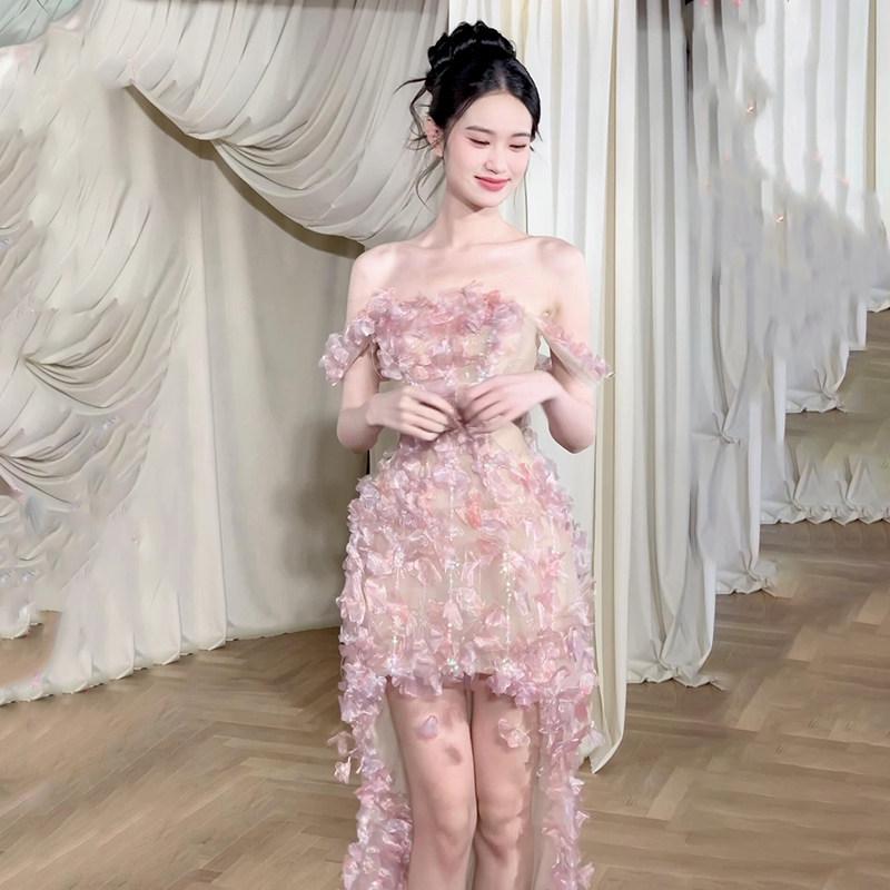 2026 French Pink One-Shoulder Strapless Dress: Elegant High-End Party & Engagement Attire