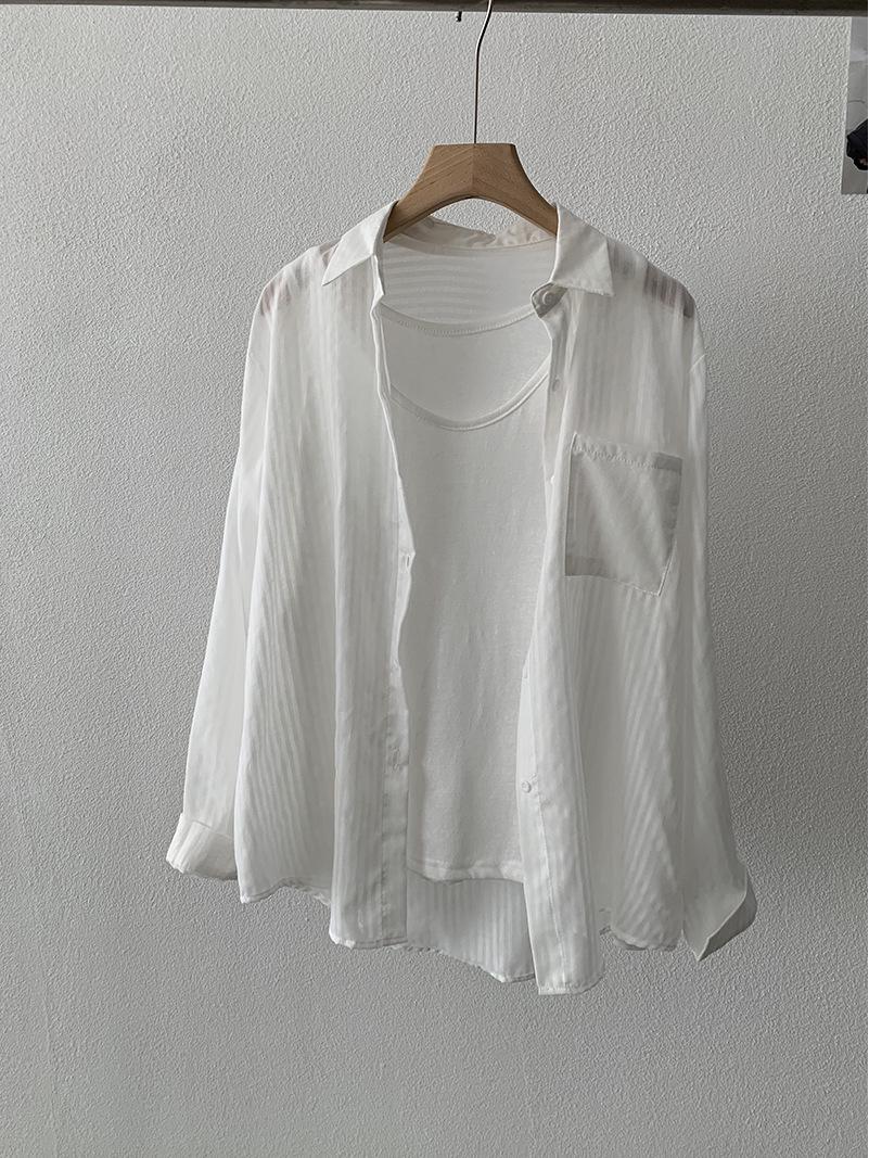 Oumalai Women s Striped Lapel Long Sleeve Shirt & White Vest Two-Piece Set One Size белый