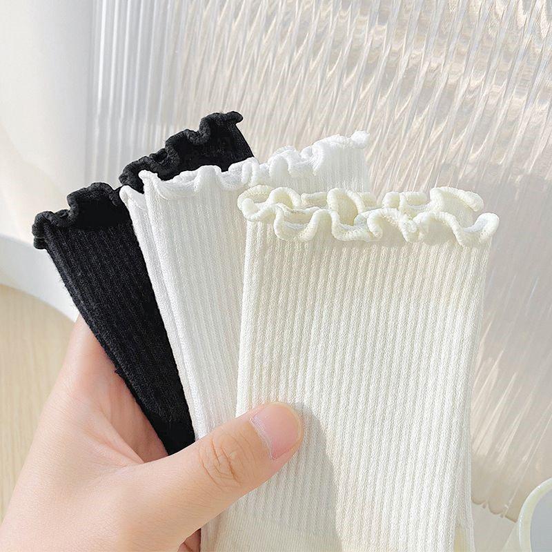 Women's Pure Cotton Lace Mid-Calf Lolita Socks - Solid Color for Autumn/Winter