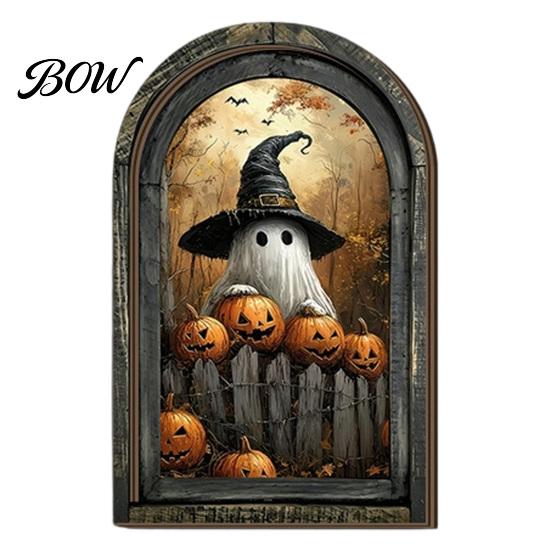 Dark Aesthetic Home Decorations Halloween Arched Wooden Wall Hanging Plaque, Double-Layer Distressed Ghost Cat Ornament, Unique Gothic Atmosphere A