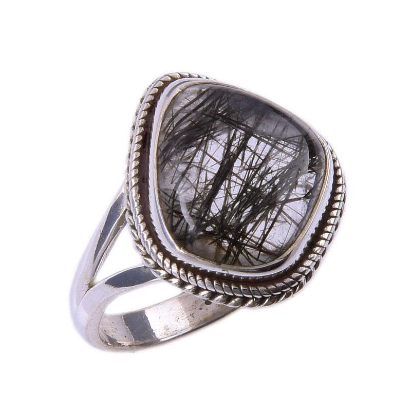 Natürlicher schwarzer Rutil-Edelstein, handgefertigt, 925er Sterlingsilber, Ringgröße 7,5 W4O24