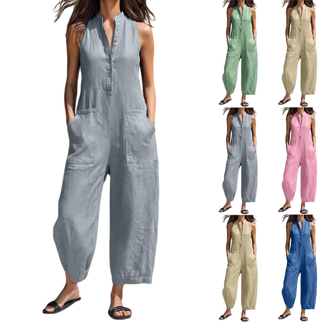 Tuta da donna senza maniche, vestibilità ampia, con tasche, chiusura a bottoni sul davanti, colletto alla coreana, gamba larga, tuta intera casual