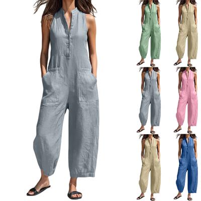 Women Sleeveless Jumpsuit Loose Fit Pocket Button Front Stand Collar Wide Leg Romper Casual One Piece Outfit