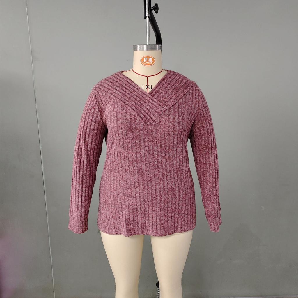 Autumn New Women's Plus Size V Neck Sweater Loose Casual Long Sleeved Blouse