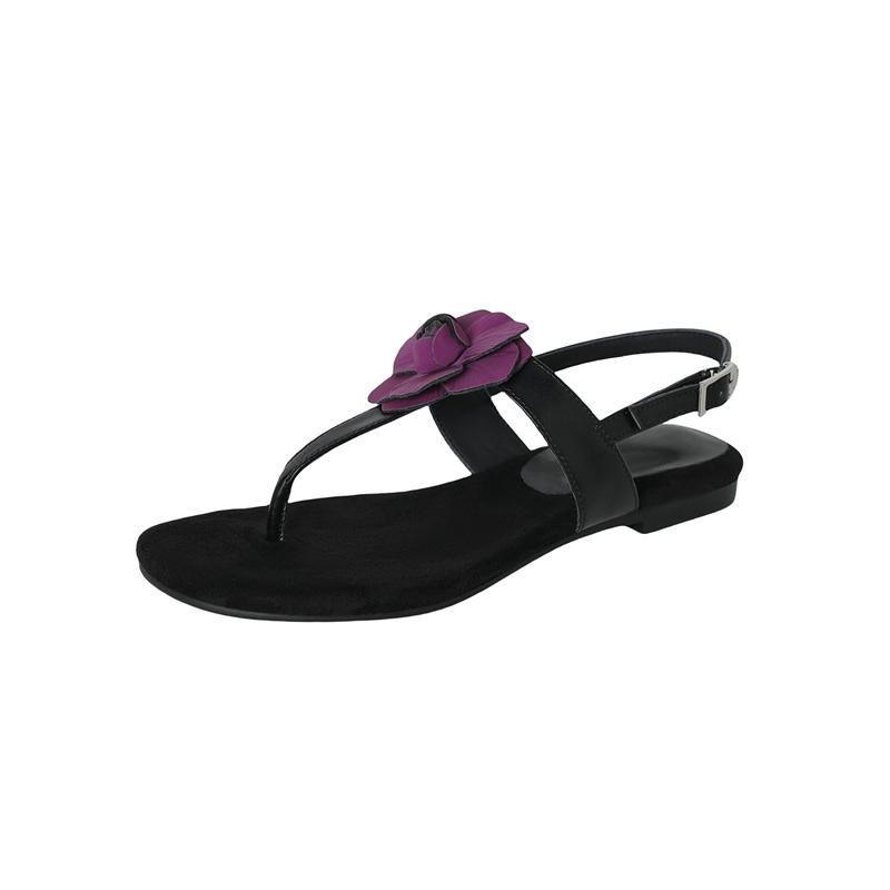 

Fashion Women s new leather cowhide flower toe exposed elastic belt buckle breathable toe clip low heel sandals Roman sandals 220 чёрный