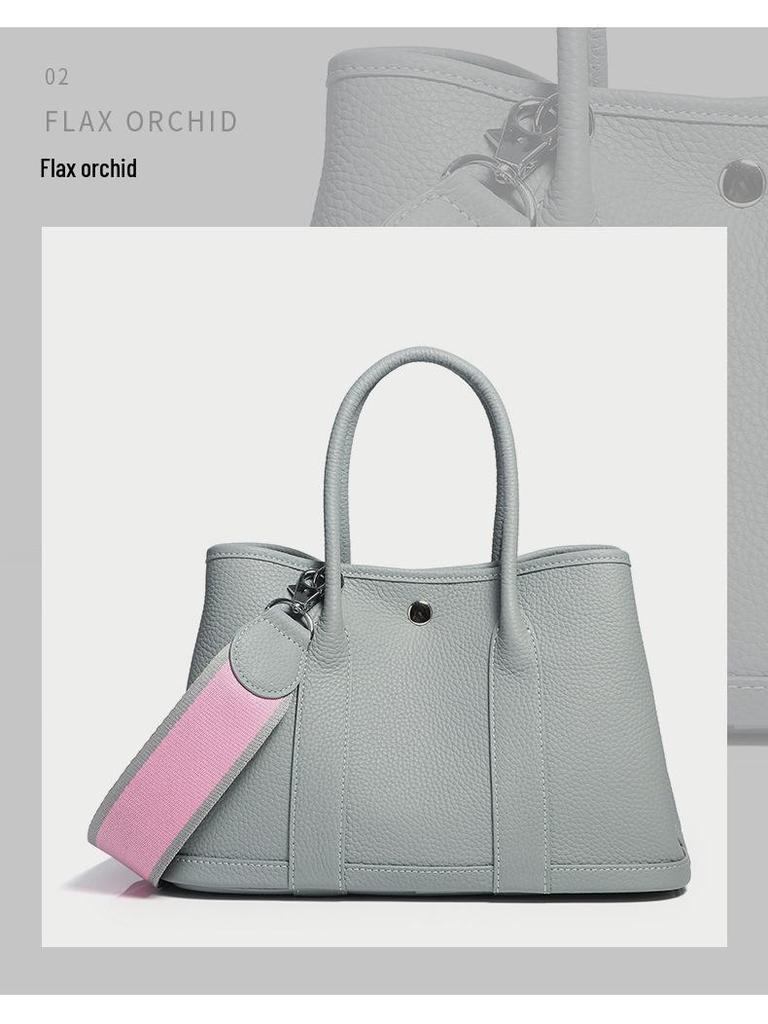 2025 Cowhide Lychee Pattern Garden Bag: Women's Color Block Wide Shoulder Strap Handbag