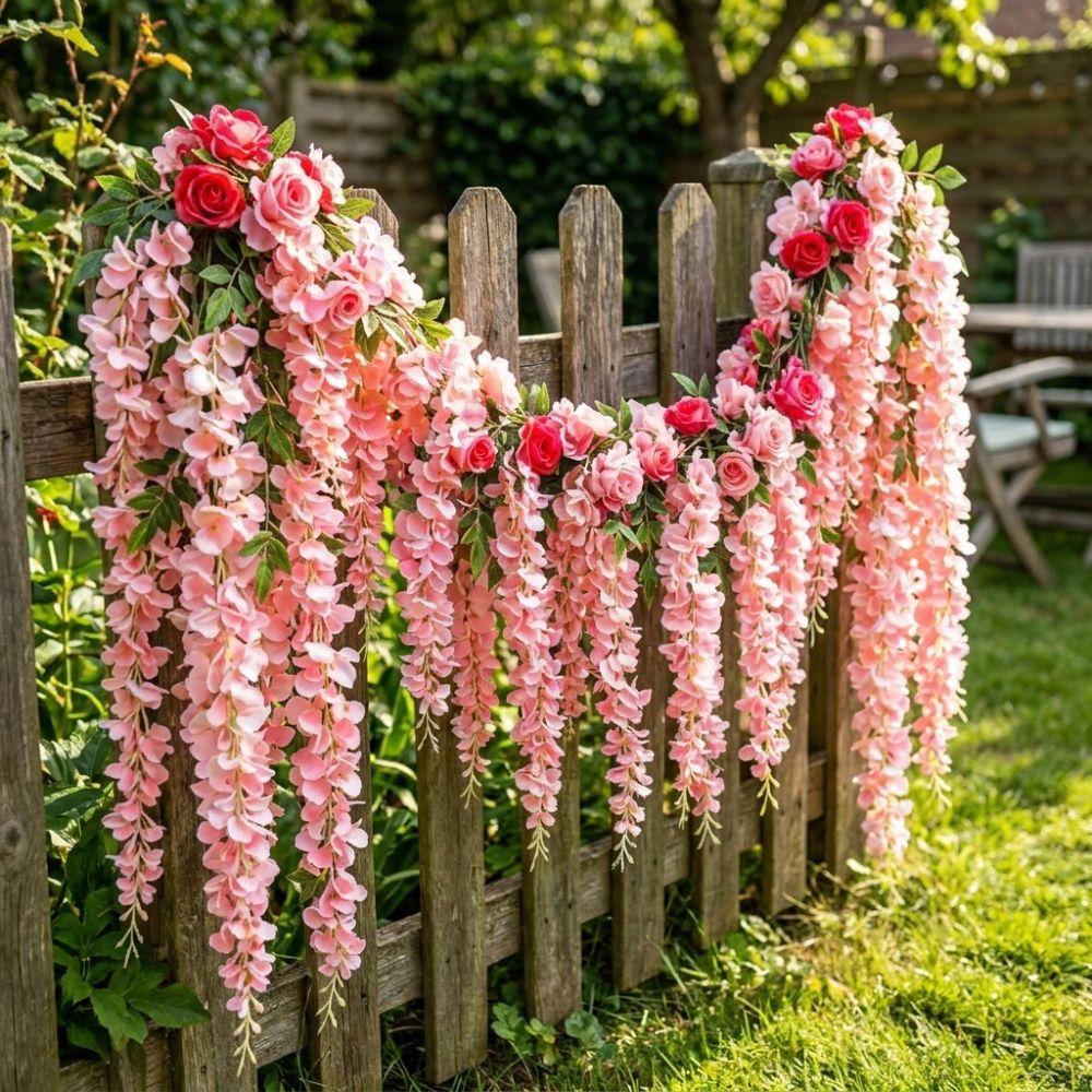 UV Resistant Artificial Rose Flower Garland Dense Flowers Realistic Look Rose Flower Hanging Vine Plastic Real Touch