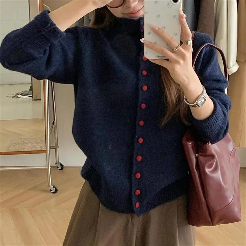Gentle Style High-neck Single-breasted Soft and Sticky Sweater Coat for Women's Autumn and Winter Knitted Cardigan