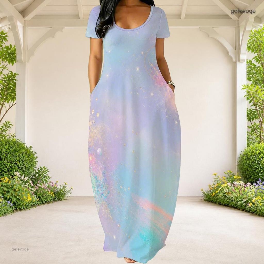 Women Plus Size Round Neck Short Sleeve Galaxy Printed Loose Maxi Dress With Side Pockets