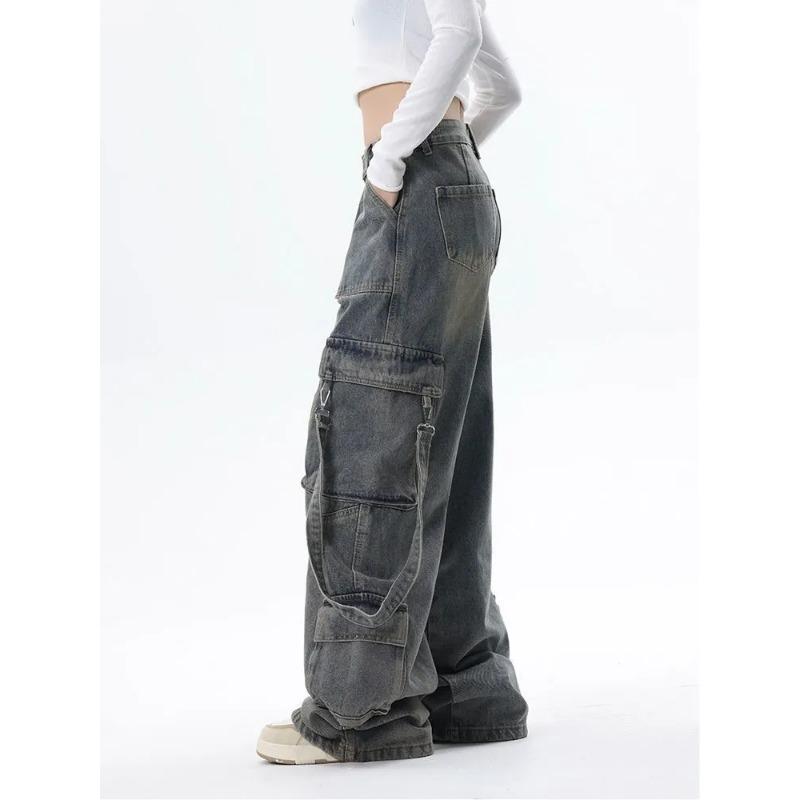 Retro Workwear Wide-leg Jeans for Women Autumn and Winter High Street Design Loose and Slim High-waisted Straight Pants