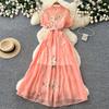 Elegant Short-Sleeve Floral Embroidered Dress for Women Vintage Turn Down Collar Belt Slim A-line Long Maxi Dress