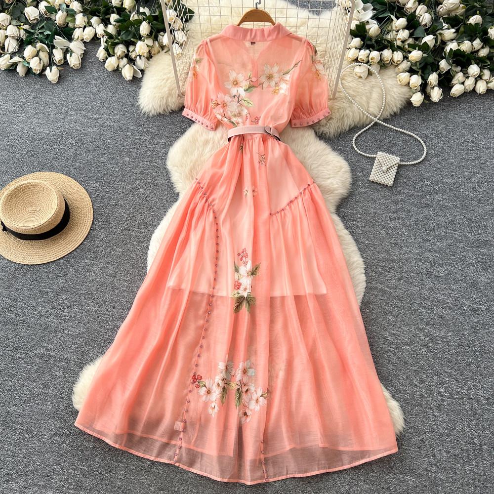 Elegant Short-Sleeve Floral Embroidered Dress for Women Vintage Turn Down Collar Belt Slim A-line Long Maxi Dress