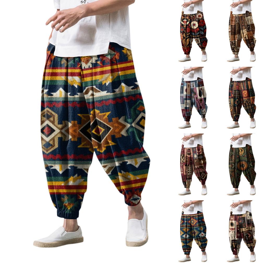 Ethnic Style Print - Casual Wide-leg Pants, Men's Loose Casual Pants