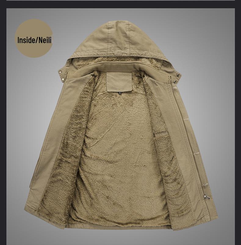 Men's Cross-Border Casual Fleece-Lined Cotton Jacket - Warm Mid-Length Trench for Autumn/Winter