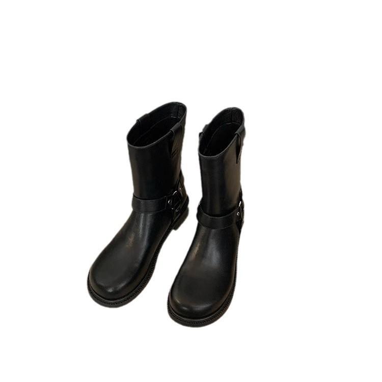 Cowhide~ Grape Mom same fashion boots retro black Martin boots women's thick heel western boots belt buckle short boots