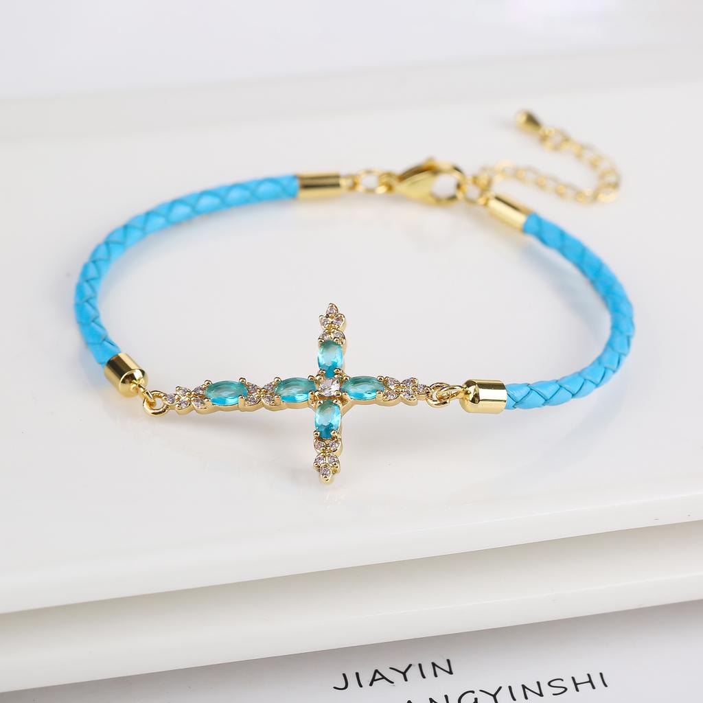 6 Color Classic Religious Crystal Zircon Cross Leather Braided Adjustable Bracelet Charms for Men Women Jewelry Gift Daily Wear