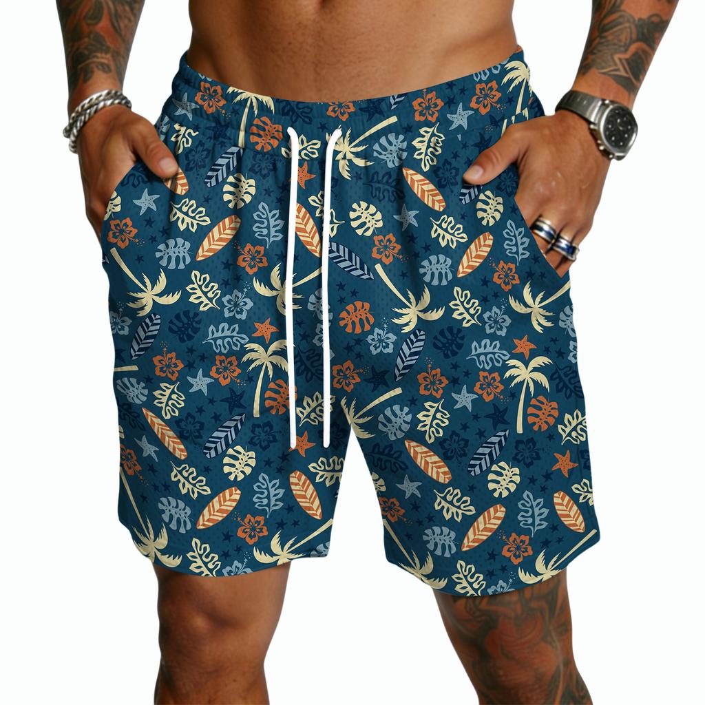 Mens Board Shorts with Drawstring Waist and Tropical Tree Print Quick Dry Swim Trunks for Beach Surf Sports