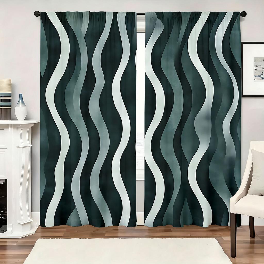 Set Of 2 Dark Green Gradient Wavy Curtain Simple Style Living Room Bedroom Pull Window Decoration For Great Made Polyester With Rod Pocket