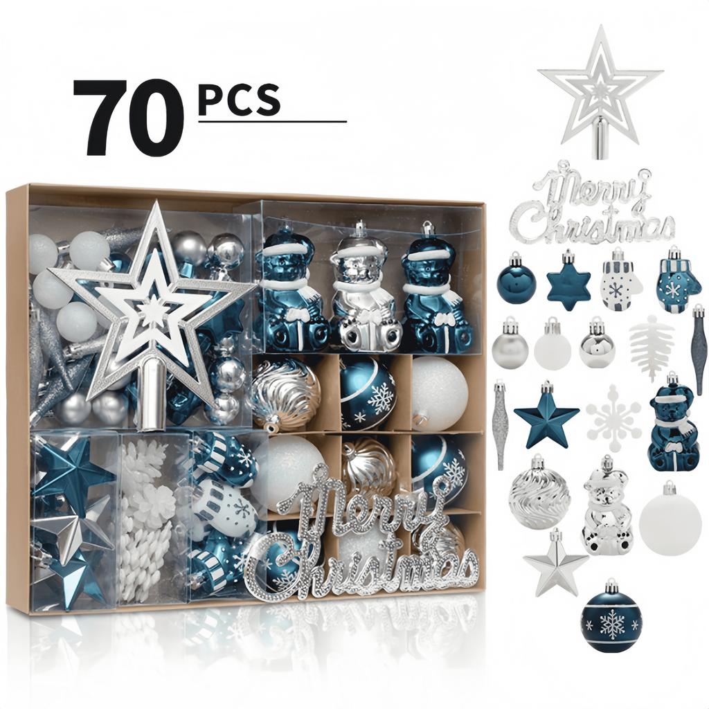 70Pcs Multi Size Christmas Ball Set Stars Socks Scepter Round Xmas Ball Santa Tree Diy Ornaments  New Year Xmas Gifts Decor