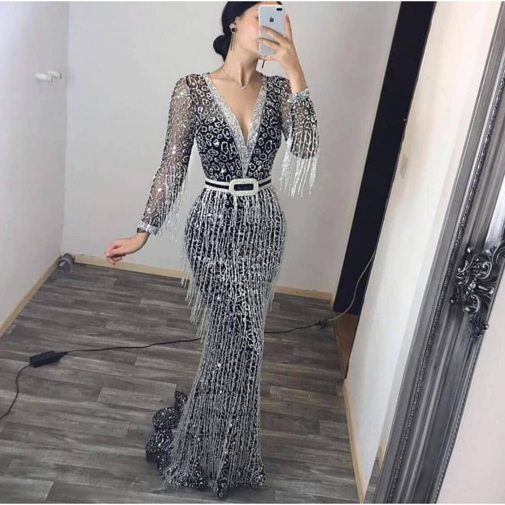 Winter Women's Long Sleeve Gold Foil Fringe Evening Dress, European & American Style Party Gown for Women