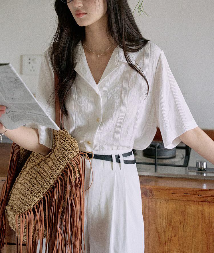 

Nanyang Holiday Женская свободная рубашка с коротким рукавом и кубинским воротником, летний французский ретро-повседневный топ Large белый