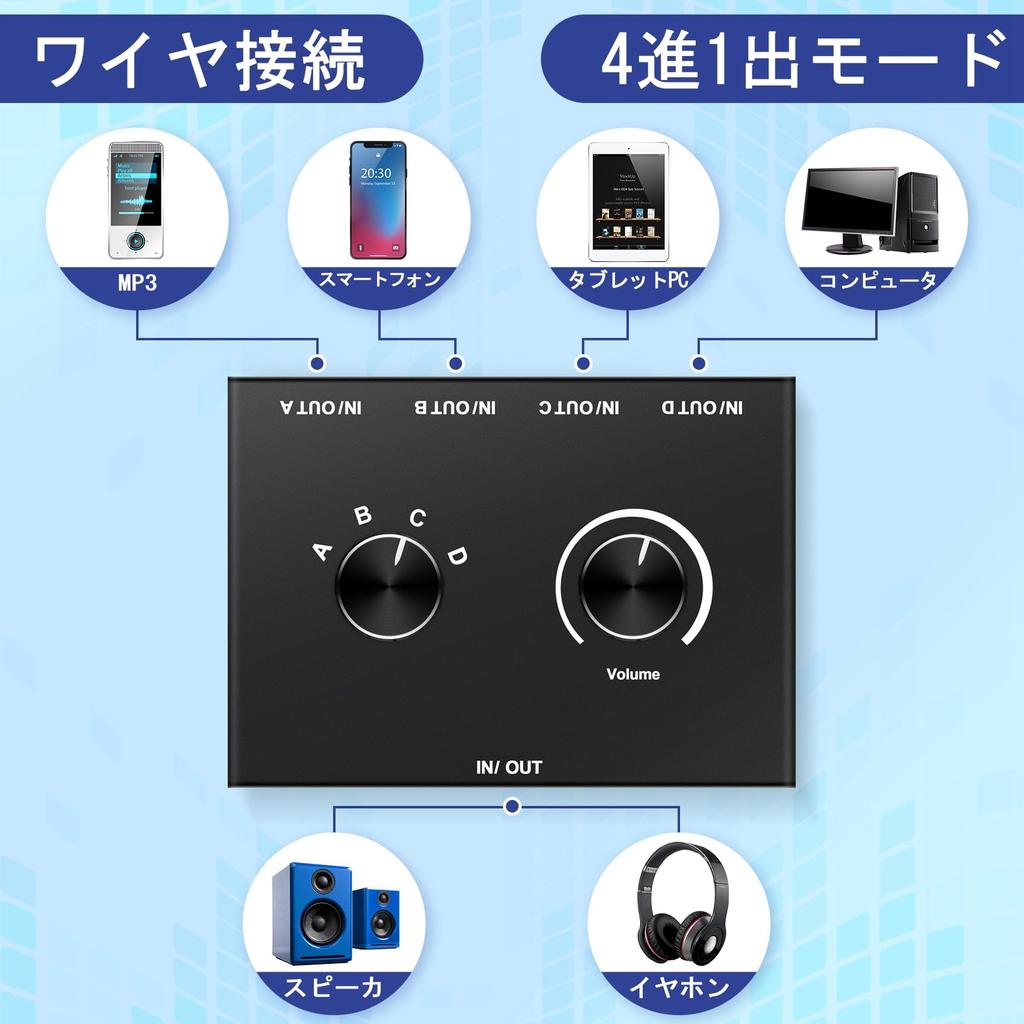 Hcskoss Audio Selector Audio Switcher Stereo AUX Audio Selector 4 Ports Headphone Splitter 4 Input 1 Output Audio Splitter Switcher Selector Speaker