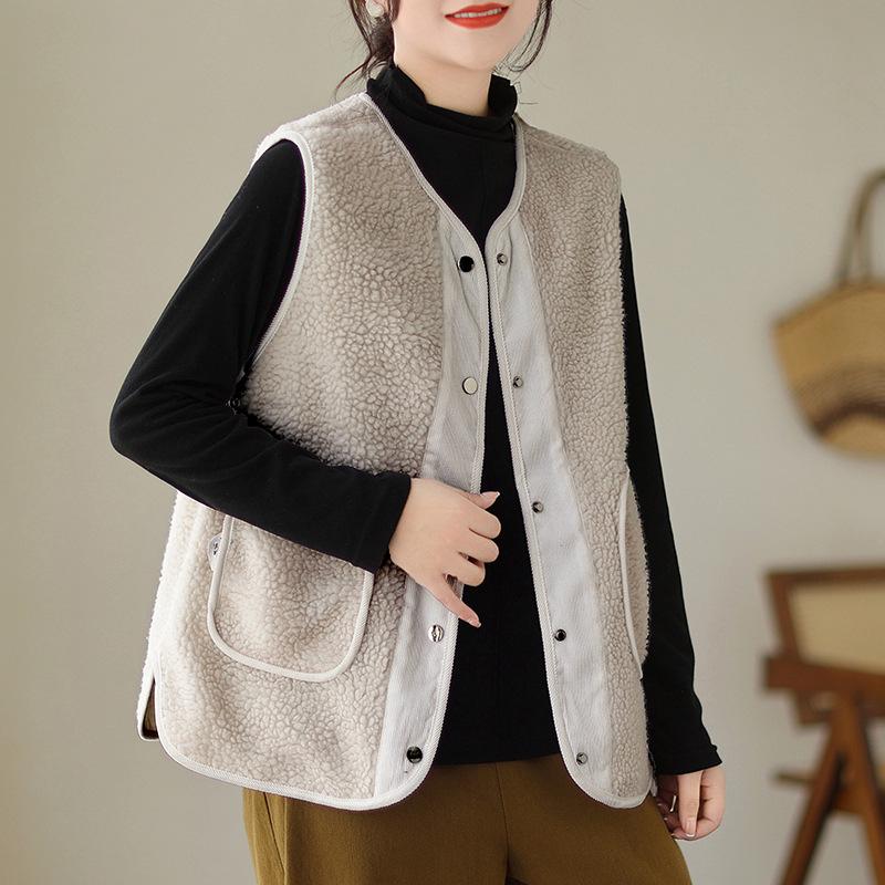 

Women s Double-Sided Lambswool Corduroy Vest – Retro Artistic Sleeveless Jacket for Autumn/Winter M грязно-белый