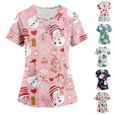 Plus Size Printed Scrub Working Uniform Tops For Women's Cross V-Neck Christmas Print Short Sleeve Fun T-shirts Workwear Tee With Pockets