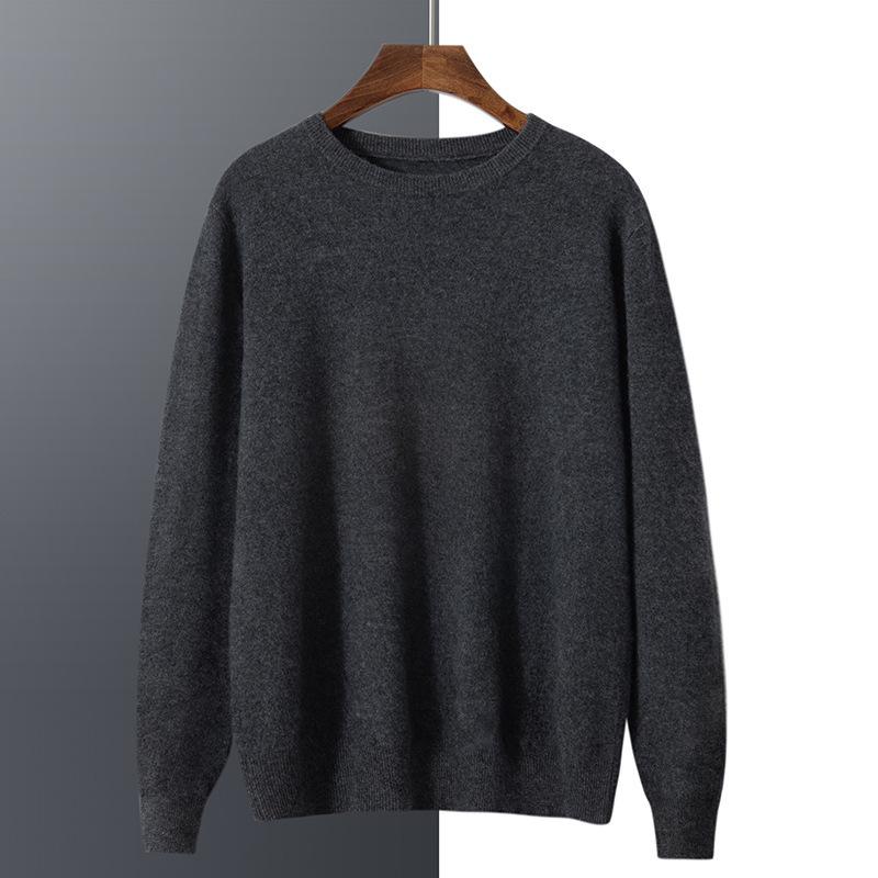 Men's Thick Warm Cashmere Sweater - Solid Color Round Neck Loose Fit
