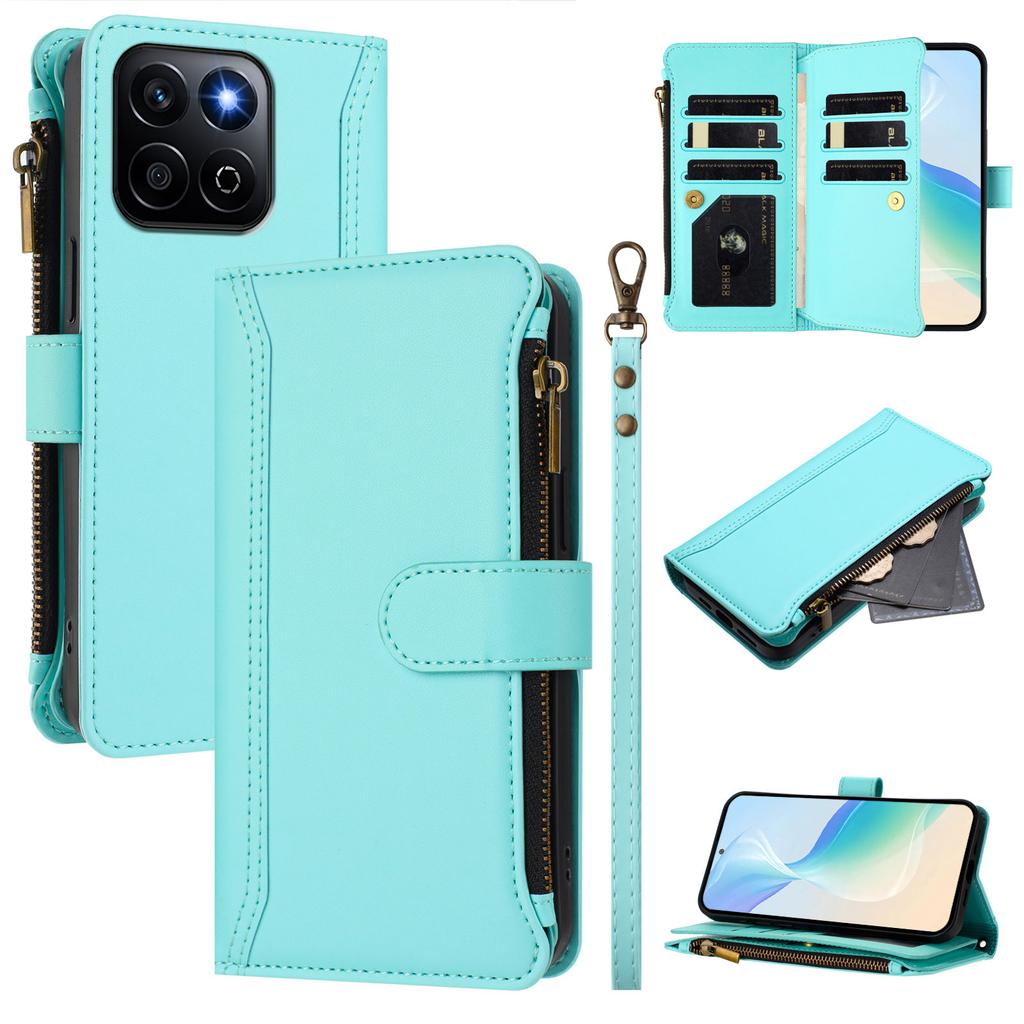 For Honor Play 60 Plus 5G/X7c 5G/X7c 4G/200 Smart 5G Leather Case 9 Card Slots Zipper Wallet Stand Phone Cover with Wrist Strap
