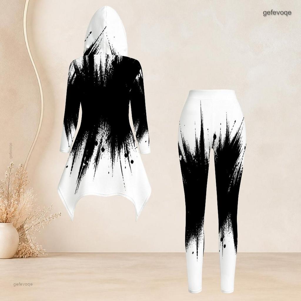 Women Plus Size Two Piece Set Black White Geometric Printed Hooded Long Sleeve High Low Top Fitted Pants