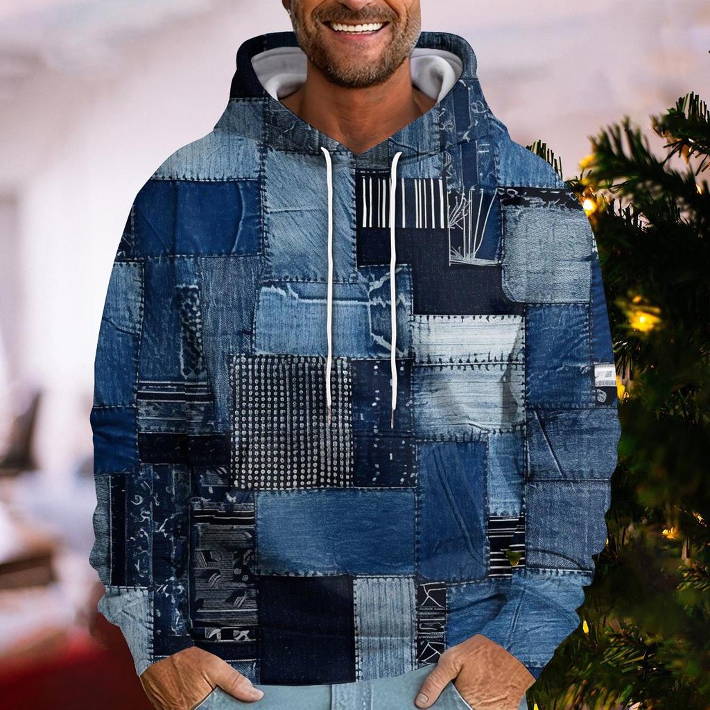 Pánská volná etnická mikina s kapucí s 3D potiskem, imitace džísoviny, patchwork, ležérní móda, sportovní mikina