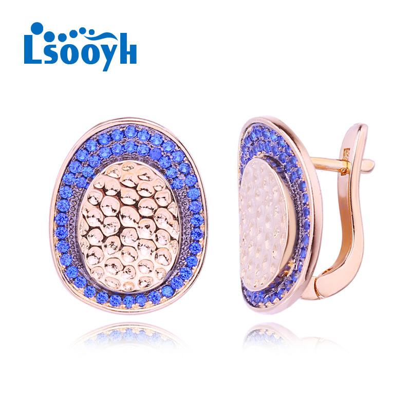 

LSOOYH серьги с перьями цвета розового золота, модные серьги для женщин, полые синие серьги-гвоздики с кубическим цирконием, ювелирные изделия