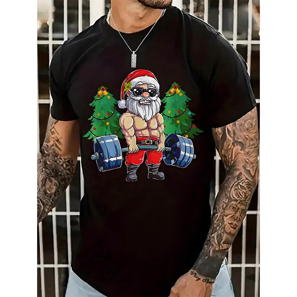 Santa Fitness Printed Men's T-shirt Fitness Sports Men's Short Sleeve Top Daily Running Workout Men's Crew Neck T-shirt