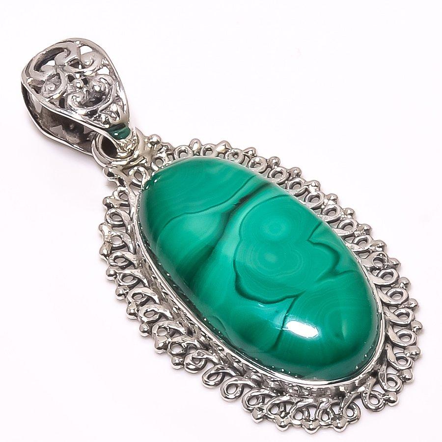Natural Malachite Gemstone Handmade 925 Solid Sterling Silver Pendant 1.89" H5W78