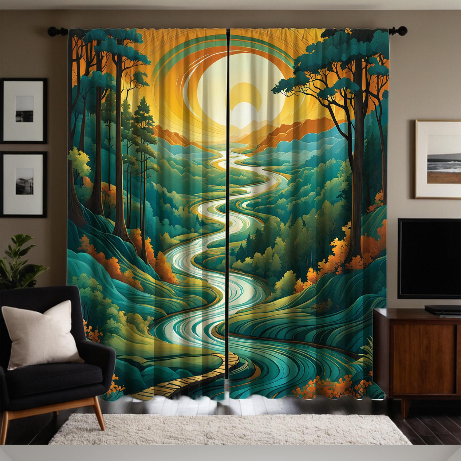 2pcs Serene Mountain & River Landscape Print Curtains - High-Definition Digital Art for Living Room & Bedroom, Easy-to-Hang Rod 60×150cm
