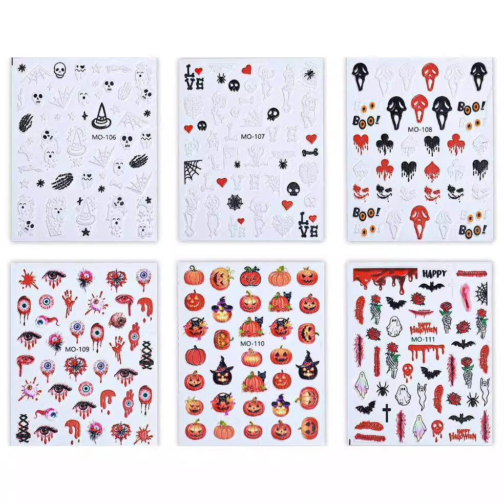 Halloween Nail Art Sticker, Pink Pumpkin Figure Skull Halloween Funny 3D Adhesive Nail Sticker