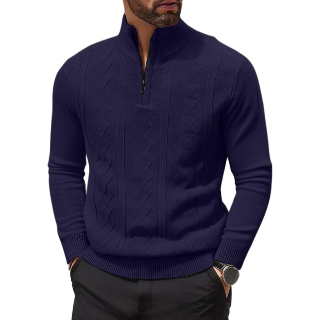 Half Zipper  Pullover  Long-Sleeved Knitted Sweater  Solid Color
