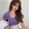 Women's Korean Square Collar Solid Short Sleeve Knitted Slim Pullover T-Shirt