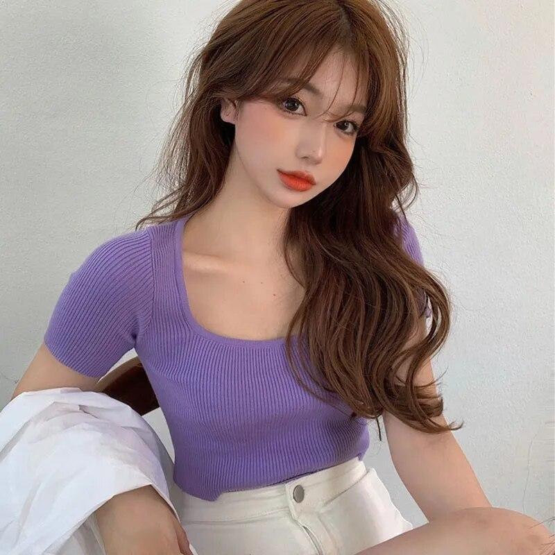 Women's Korean Square Collar Solid Short Sleeve Knitted Slim Pullover T-Shirt