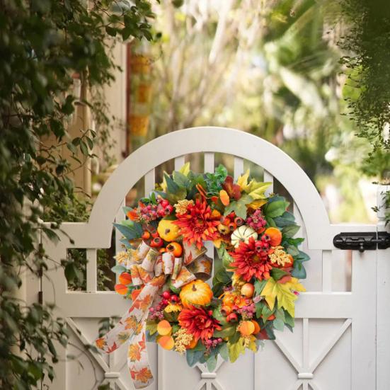 18 Inch Fall Wreath for Front Door Artificial Pumpkin Wreath with Dahlia Berries And Bow Large Autumn Wreath for Thanksgiving Farmhouse Indoor