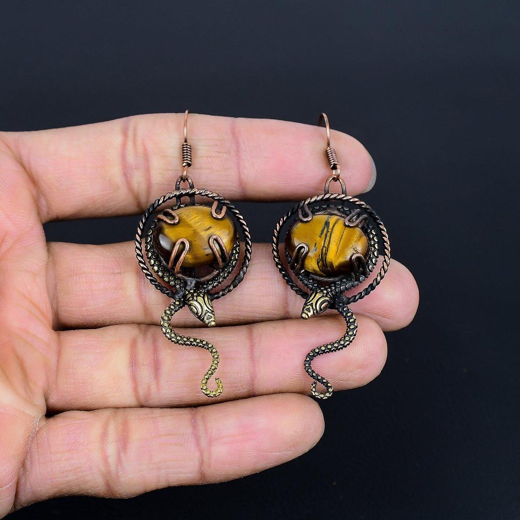 Tiger's Eye 999 Copper Wire Wrapped Earrings, Handmade Gemstone Earrings, Gift For Mom Antique Jewelry