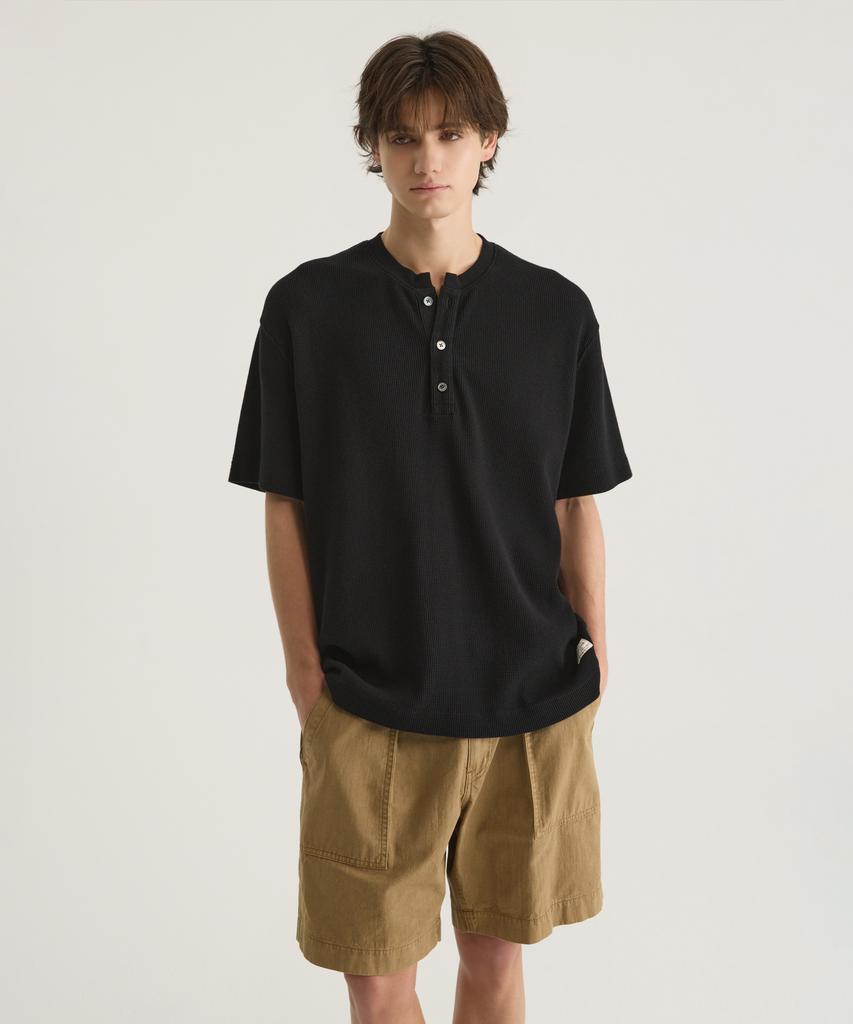Oteumilkape Waffle Henley Neck T-Shirt - Black