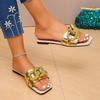 Large size flat bottom slippers female 2025 new square head rhinestone one word drag 43 yards cool slippers