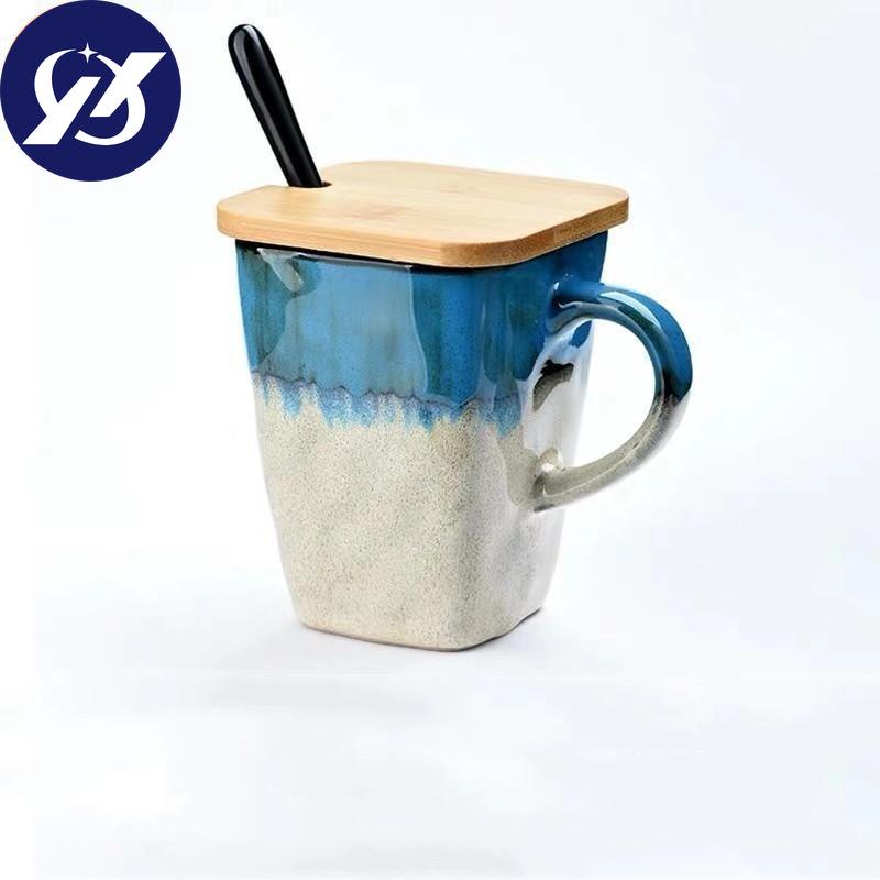 Creative Flow Glaze Square Coffee Mug With Spoon and Lid Retro Tea Cup Simple Household Matte Color Ceramic Milk Water Cup Gift